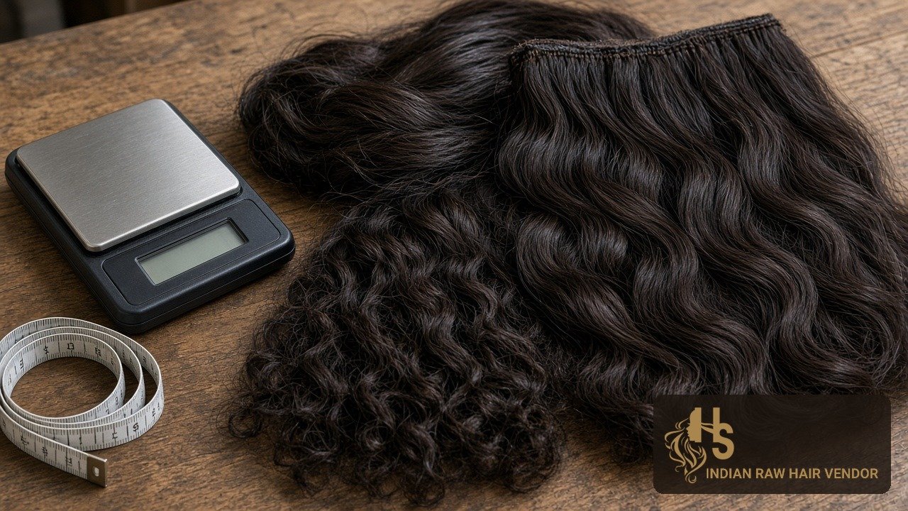 Raw Indian hair bundles in wavy and curly textures on a workbench with a scale and tape measure for vendor quality checks